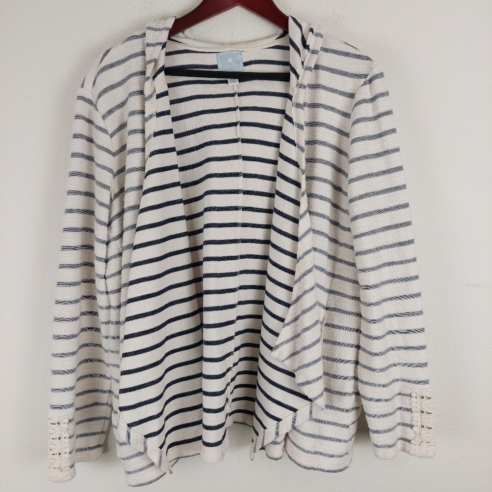 Sundays Cardigan Blue Striped Crochet Embellished Open Front Cardigan Size 1X